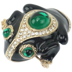 Vintage Enamel Frog Brooch With Rhinestones & Cabochons