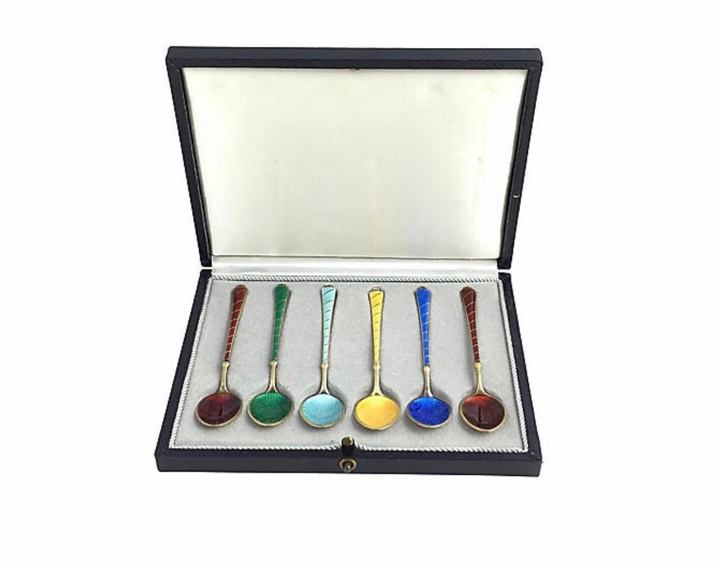 Metalwork Vintage Enamel Gilt Silver Demitasse Spoons, Set of 6