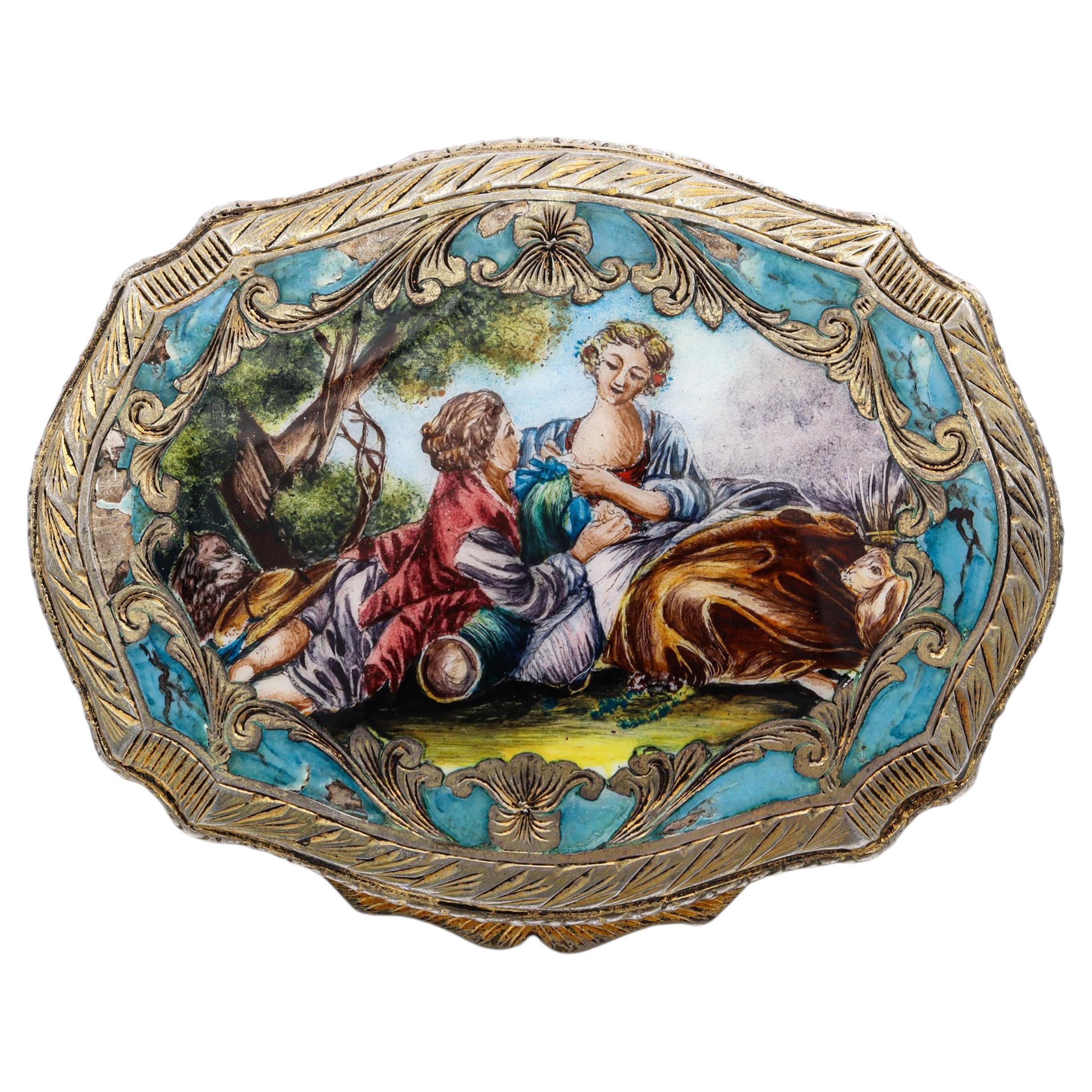 Vintage Enamel Gold Plated Silver Powder Compact For Sale