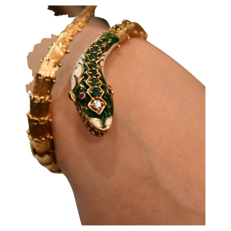 Vintage Enamel and Gold Snake Flexible Bangle, Diamonds and Emeralds