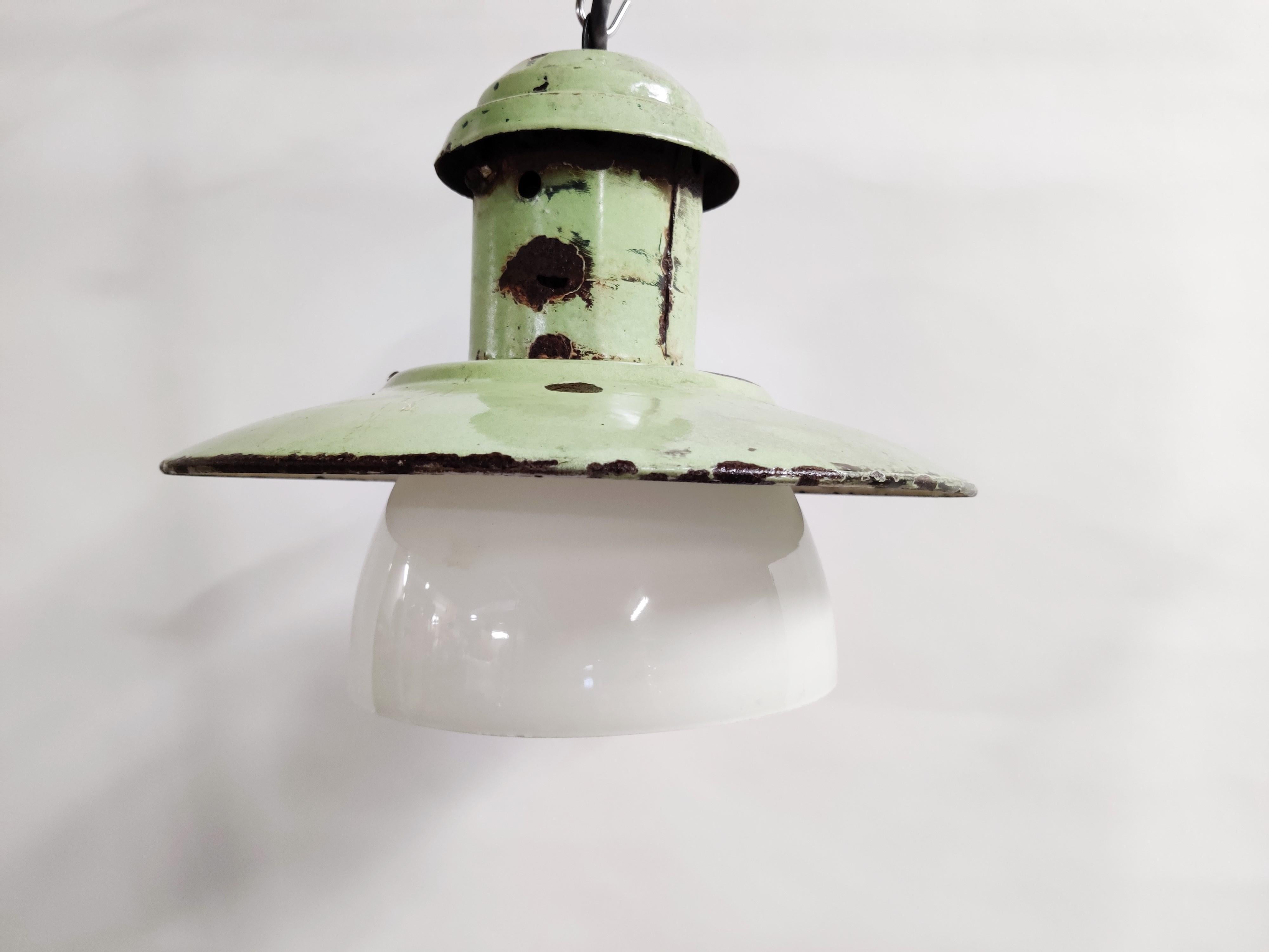 Vintage Enamel Lamp with Opaline Glass, 1960s 1