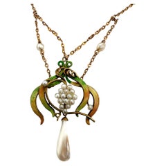 Vintage Enamel Lavalier Pearl Necklace Yellow Gold