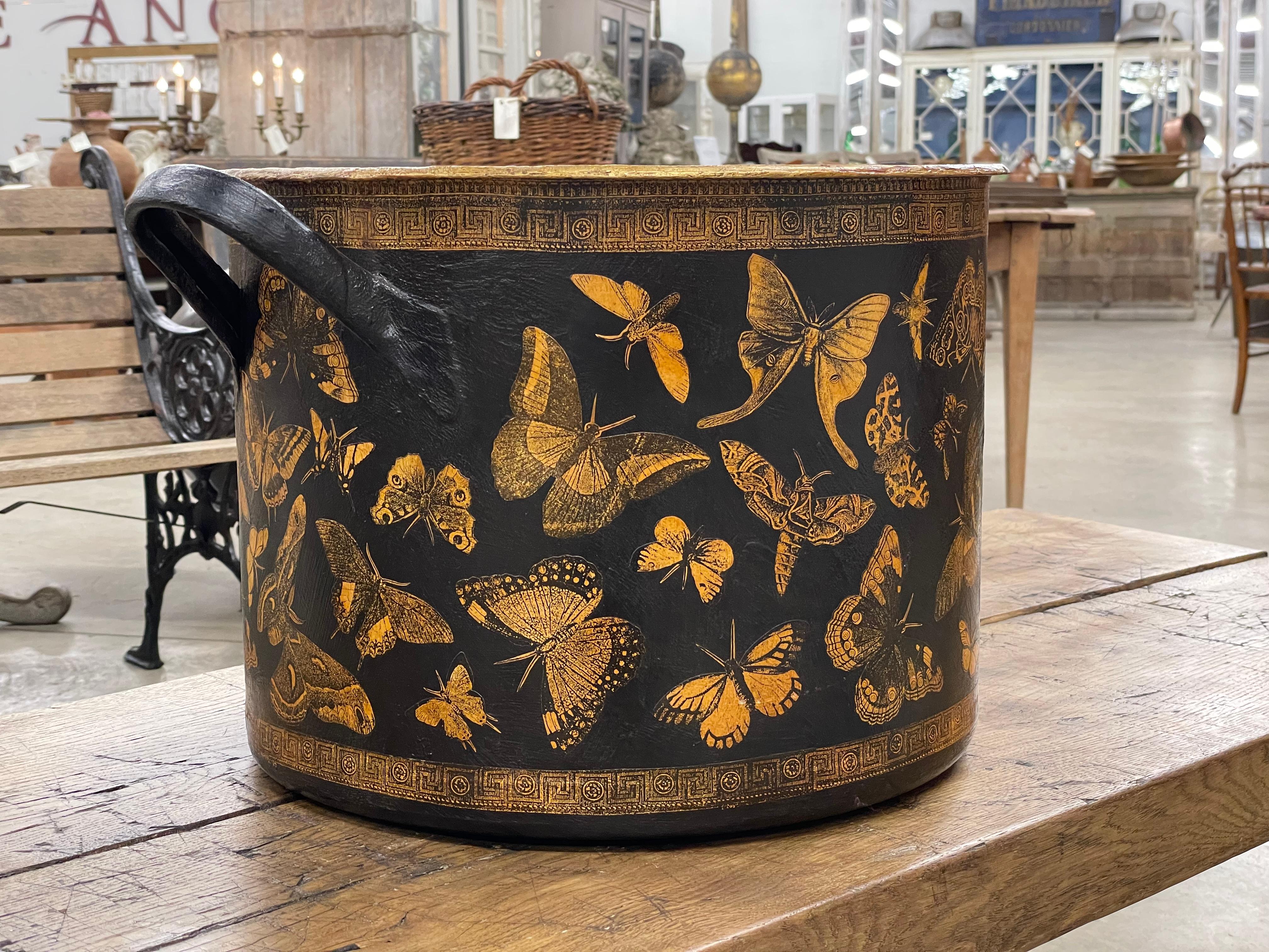 British Vintage Enamel Metal Pot With Recent Découpage