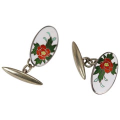 Vintage Enamel Modernist Silver Flower Chain Link Cufflinks