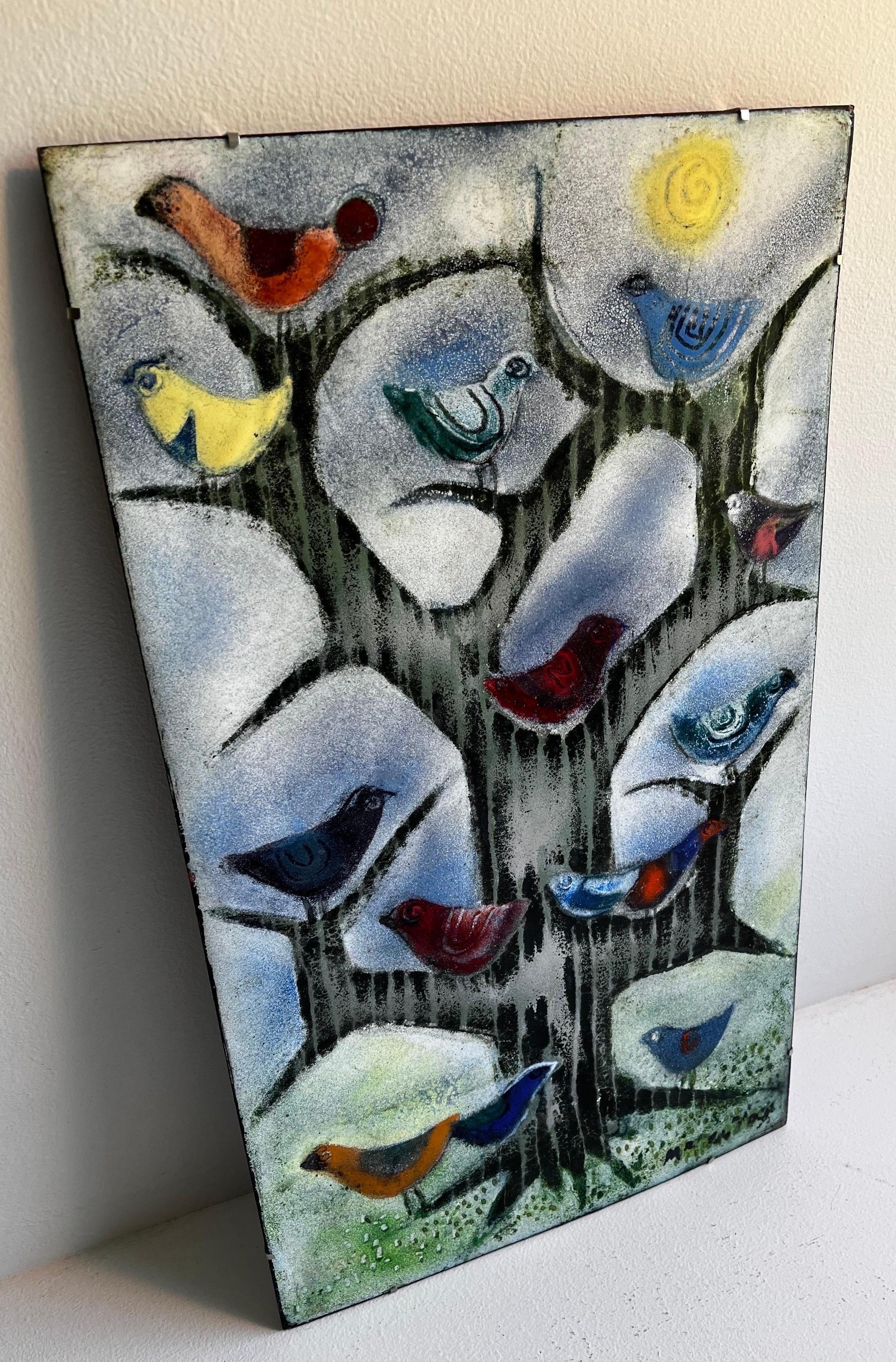 Vintage Enamel on Copper image of Birds - signed

new frameless Swiss Corner clip hanging system 
ready to hang.