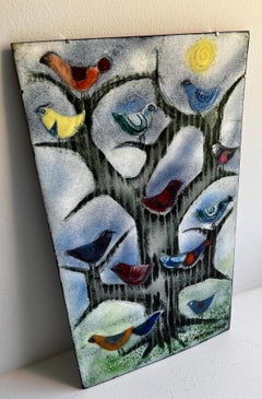 Image d'oiseaux en émail sur cuivre vintage