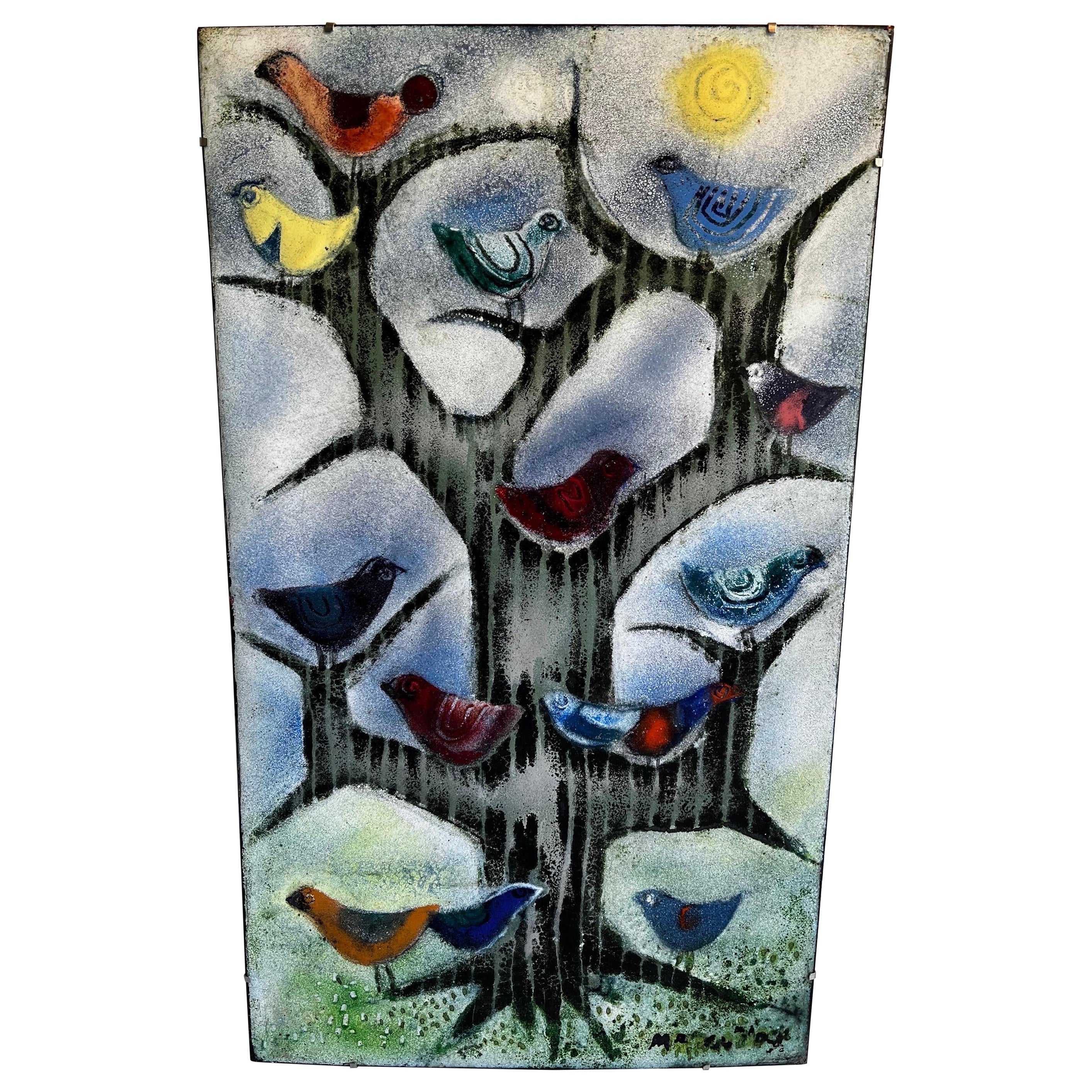 Vintage Enamel on Copper Image of Birds