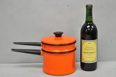 Olla nido vintage de metal esmaltado naranja y negro con tapa