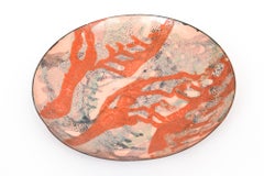 Vintage Enamel Over Copper Abstract Signed Bowl Burnt Orange, Blues, Pink, Green