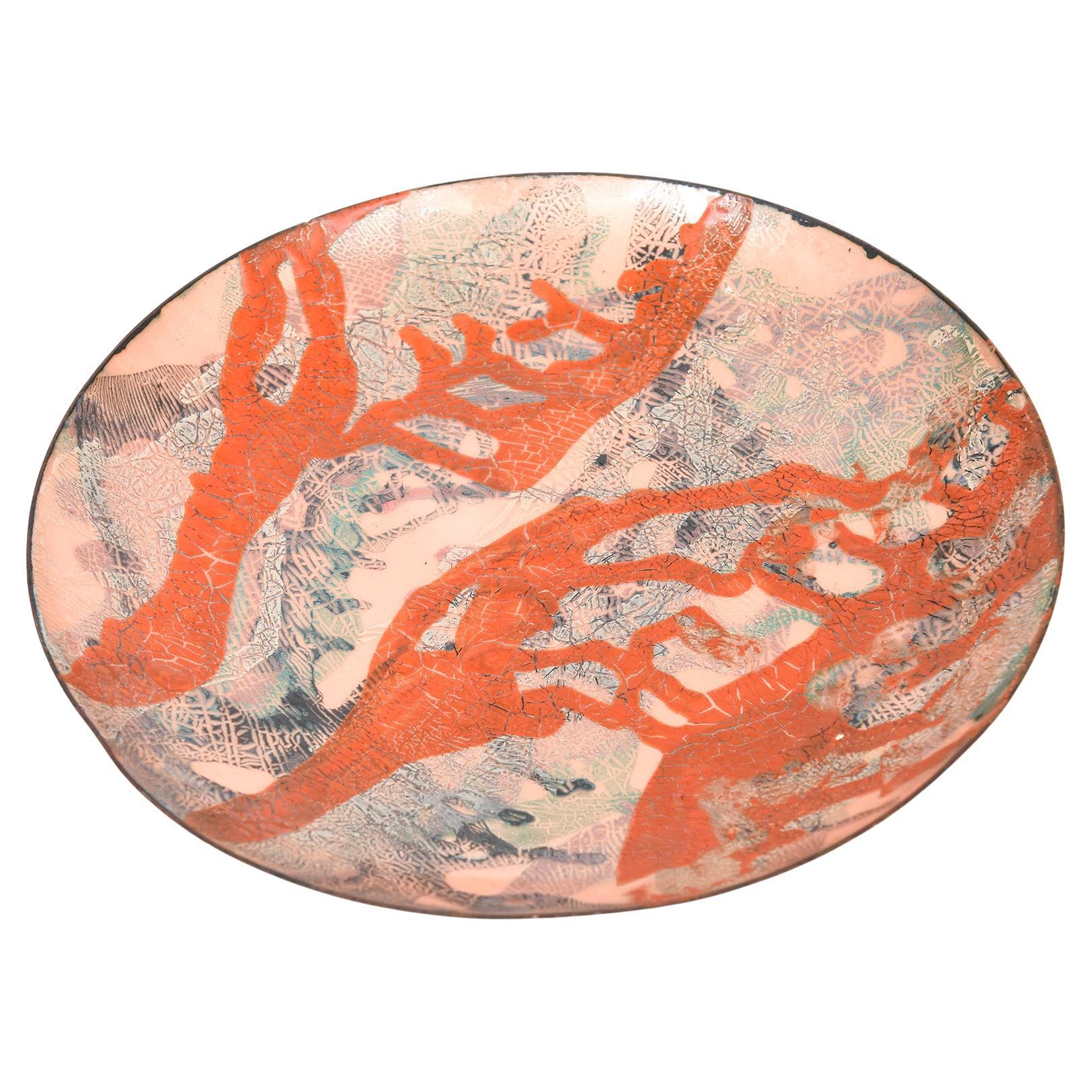 Bol abstrait signé vintage orange, bleu, rose, vert, émail sur cuivre