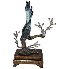 Vintage Enamel over Solid Silver Bird on Cherry Blooms Tree