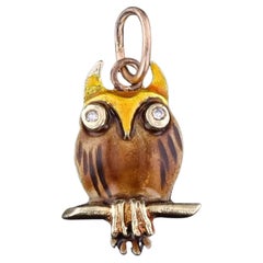 Vintage Enamel Owl Charm of 14k Gold