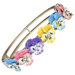 Vintage Enamel Pansy and Diamond 14 Karat Gold Bracelet