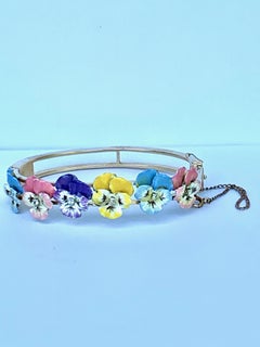 Vintage Enamel Pansy and Diamond 14 Karat Gold Bracelet