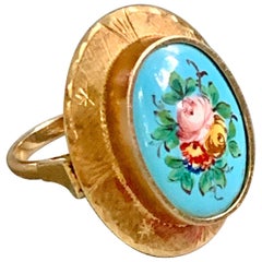 Vintage Enamel Plaque Floral Design 14 Karat Yellow Gold Ring