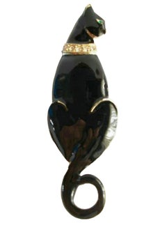 Vintage Enamel & Rhinestone Black Cat Brooch - Unsigned - Late 20th Century
