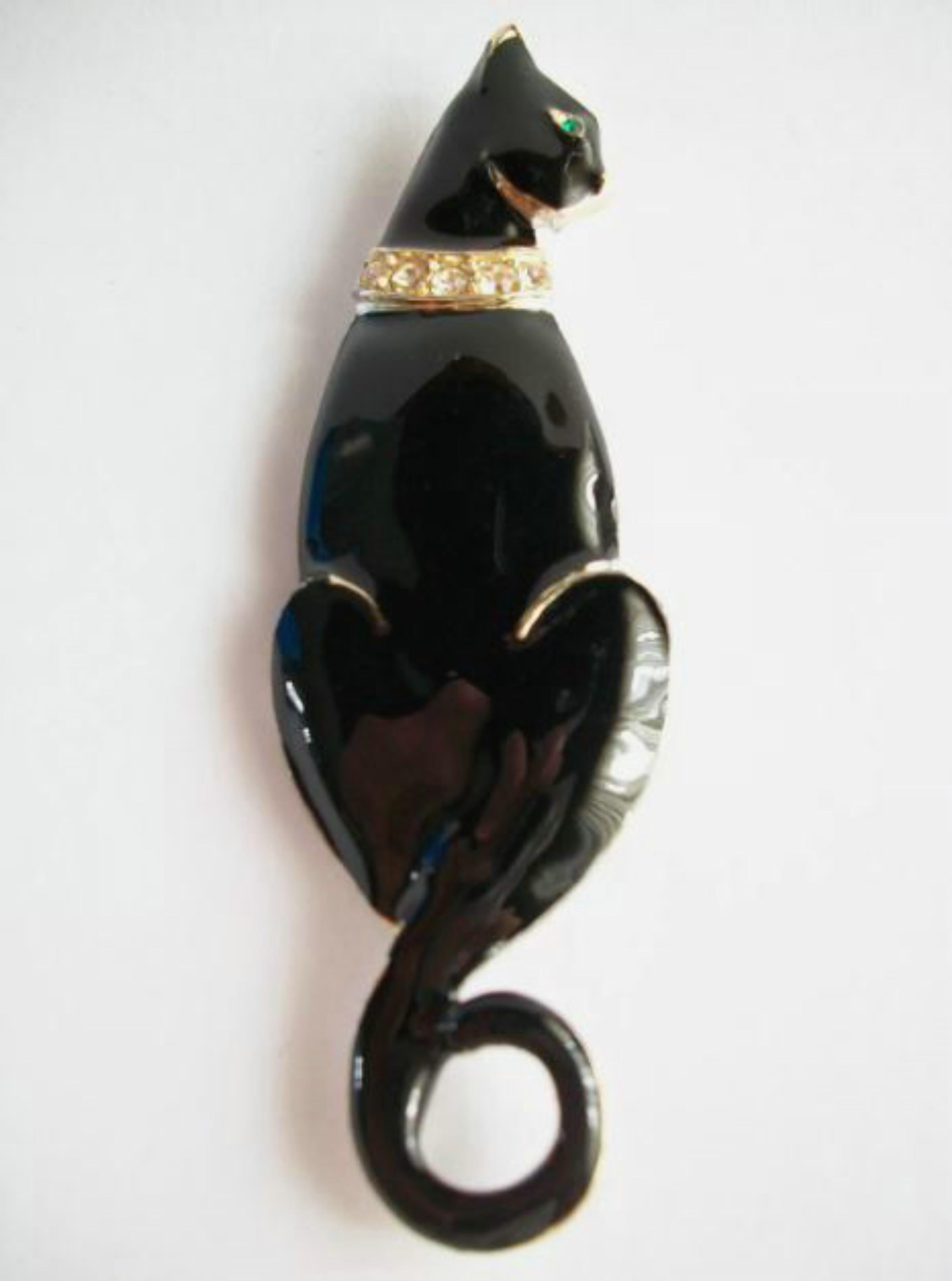 Vintage Enamel and Rhinestone Black Cat Brooch - Unsigned - Late 20th ...