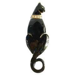 Vintage Enamel & Rhinestone Black Cat Brooch - Unsigned - Late 20th Century