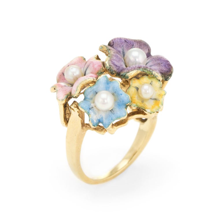 Vintage Enamel Ring Bouquet of Flowers 14 Karat Gold Cultured Pearl at