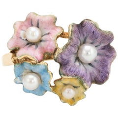 Antique Enamel Ring Bouquet of Flowers 14 Karat Gold Cultured Pearl