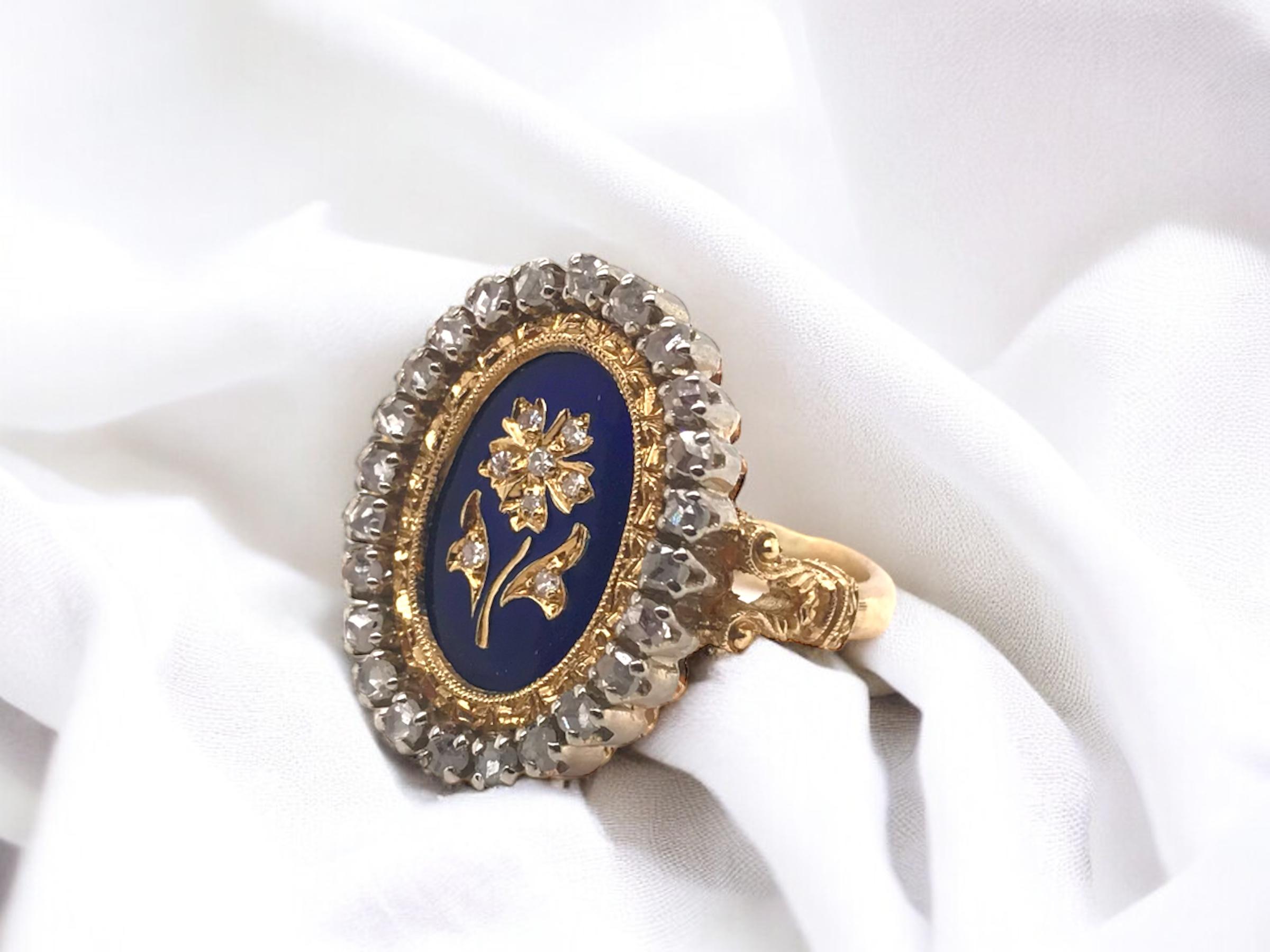 Vintage Emaille Rose Cut Blume Ring 18K Gelb & Weißgold 4