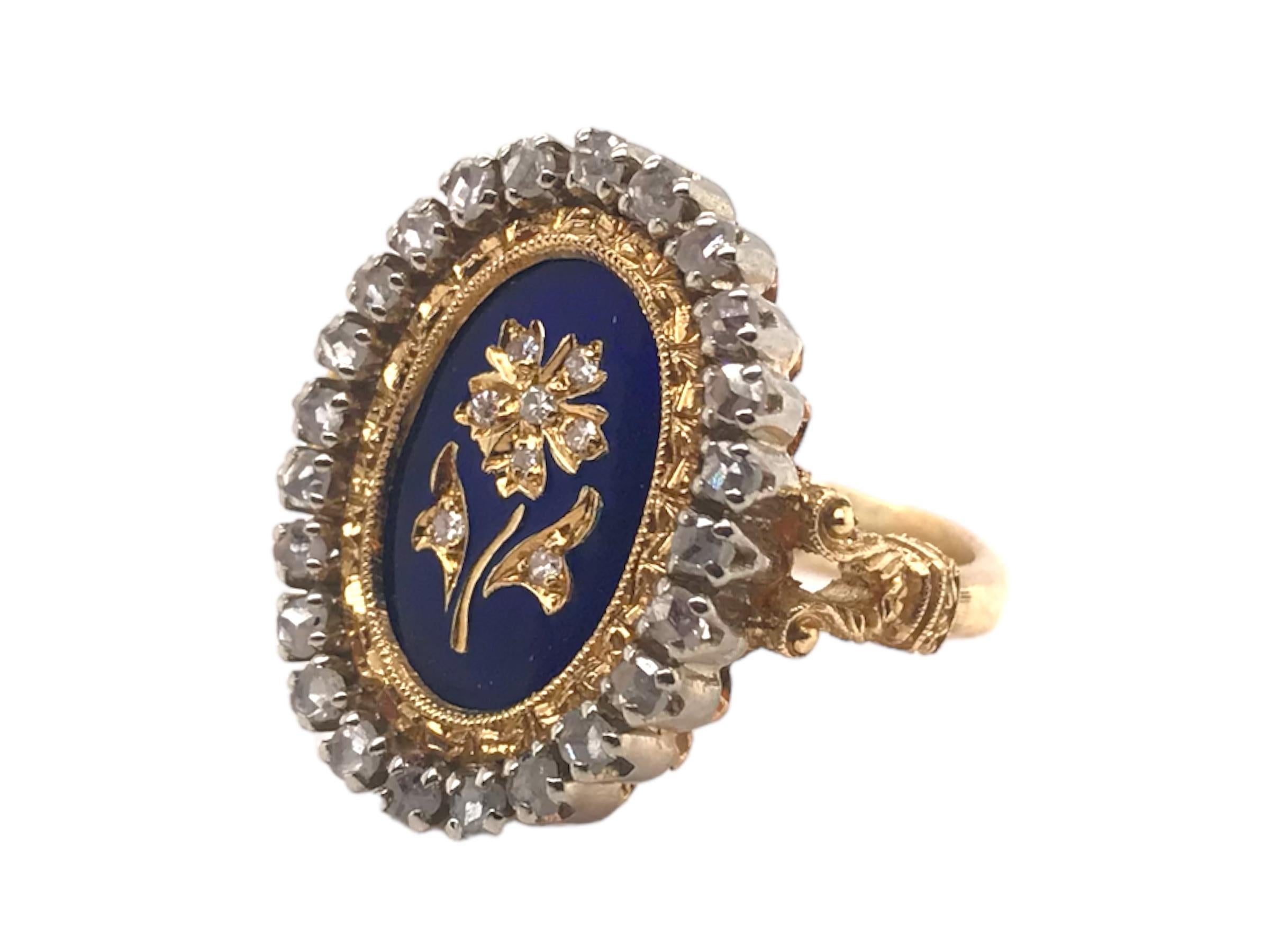 Vintage Emaille Rose Cut Blume Ring 18K Gelb & Weißgold (Rosenschliff)