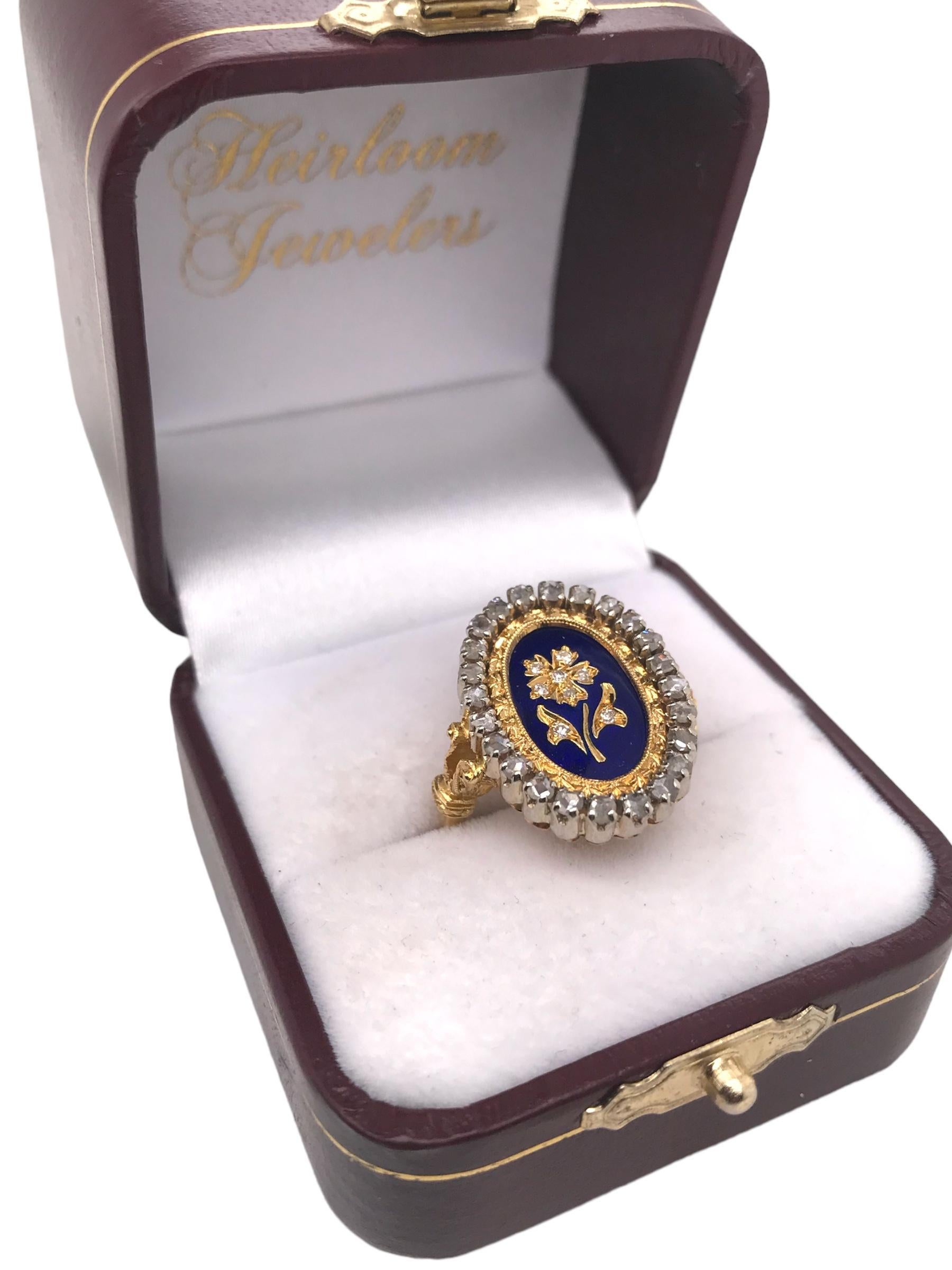 Vintage Emaille Rose Cut Blume Ring 18K Gelb & Weißgold Damen