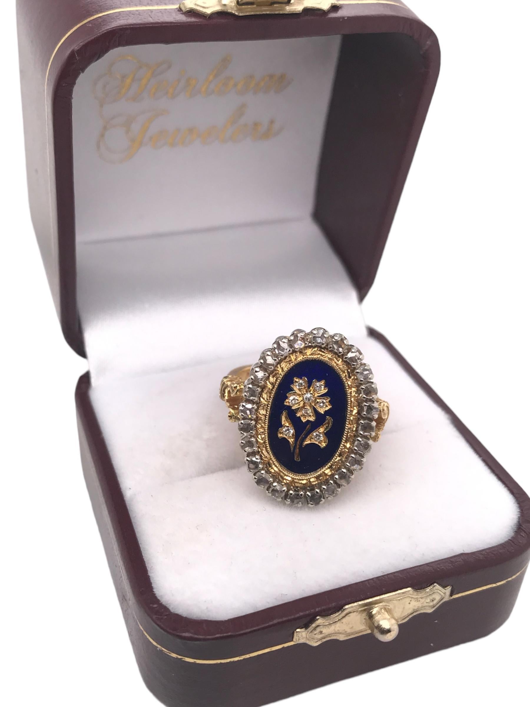 Vintage Emaille Rose Cut Blume Ring 18K Gelb & Weißgold 1