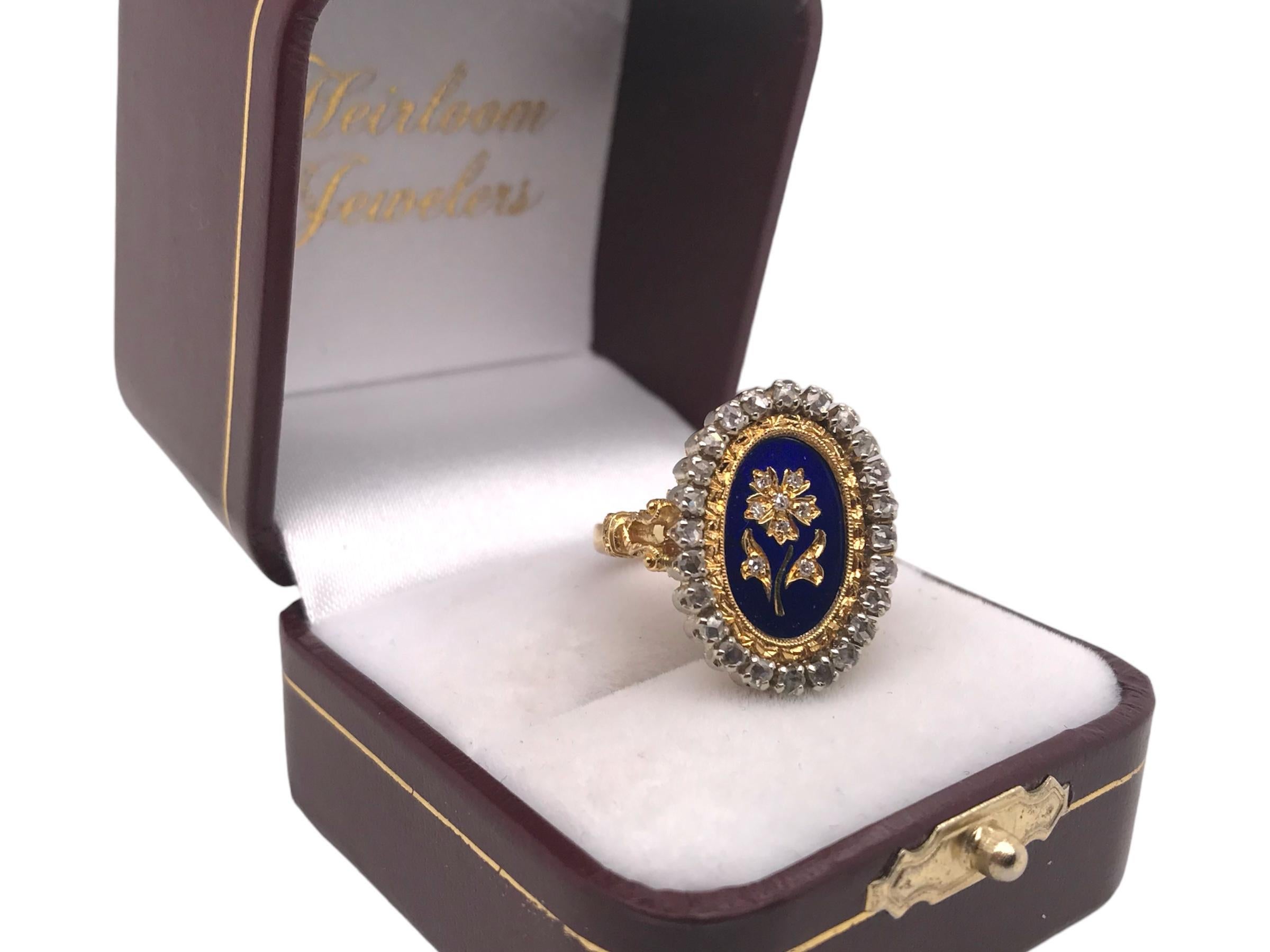 Vintage Emaille Rose Cut Blume Ring 18K Gelb & Weißgold 2