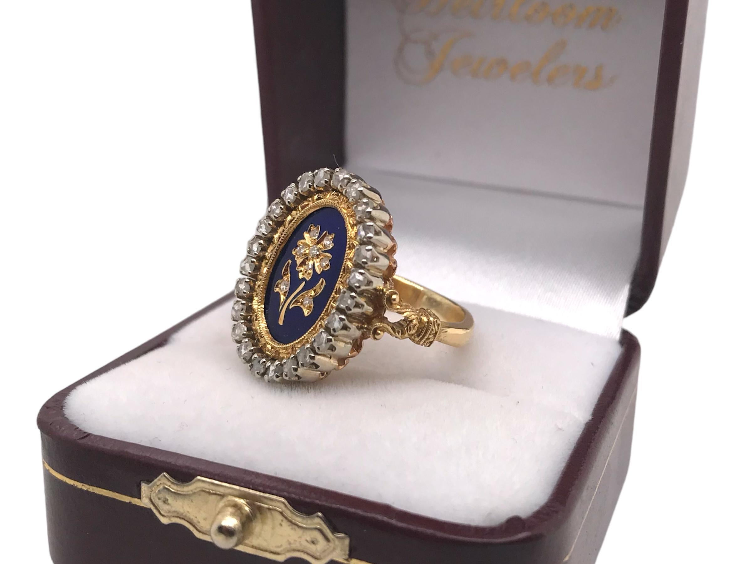 Vintage Emaille Rose Cut Blume Ring 18K Gelb & Weißgold 3