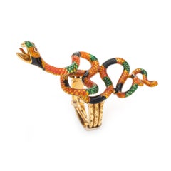 Vintage Enamel Snake Ring 18k Yellow Gold Large Coiled Serpent Cocktail Jewelry