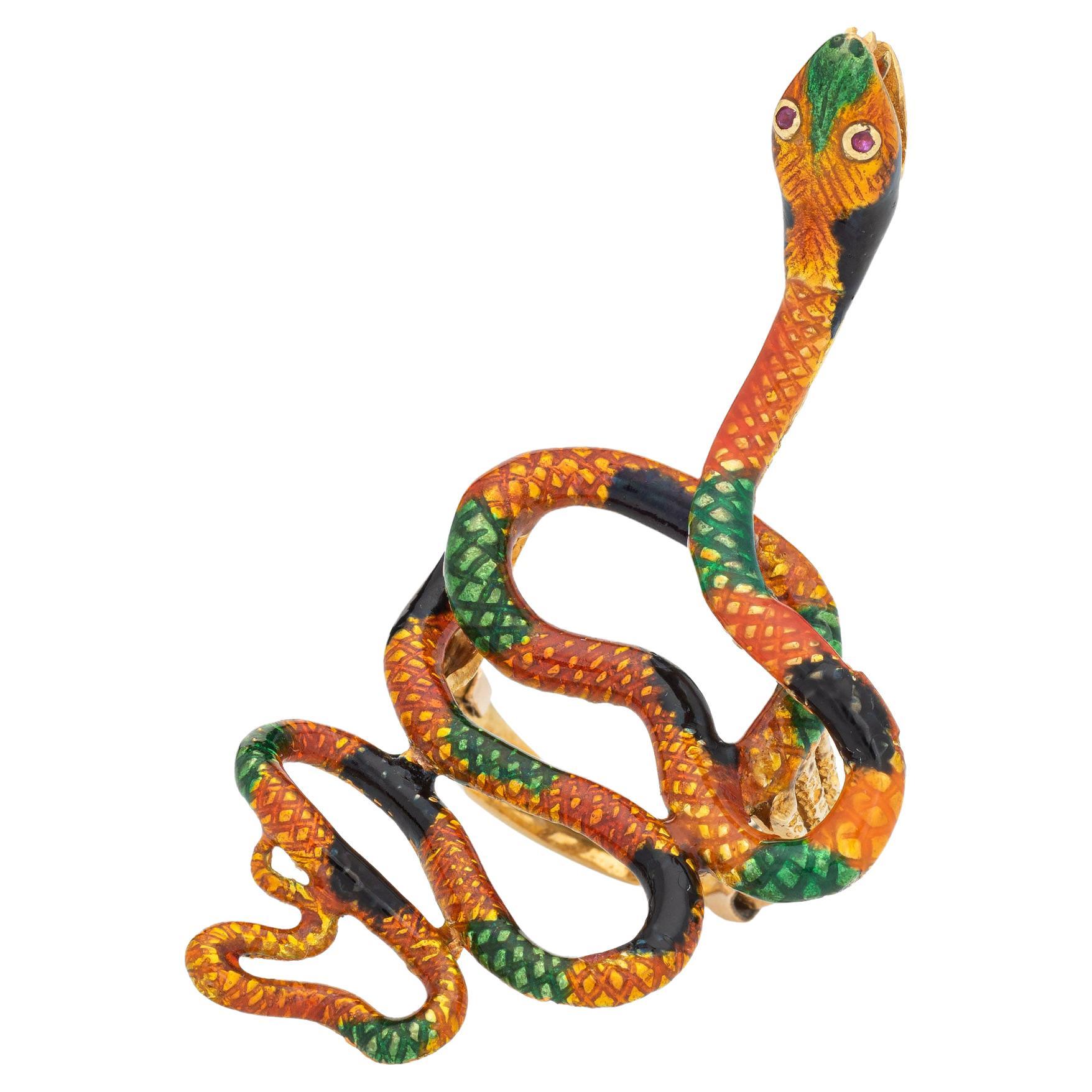Vintage Emaille Schlangenring 18k Gelbgold Großer abgewickelter Schlangenschlangen-Cocktailschmuck