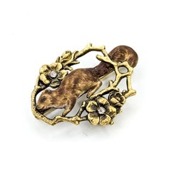 Vintage Enamel Squirrel Brooch with Old Mine Cut Diamonds in 10k Yellow Gold