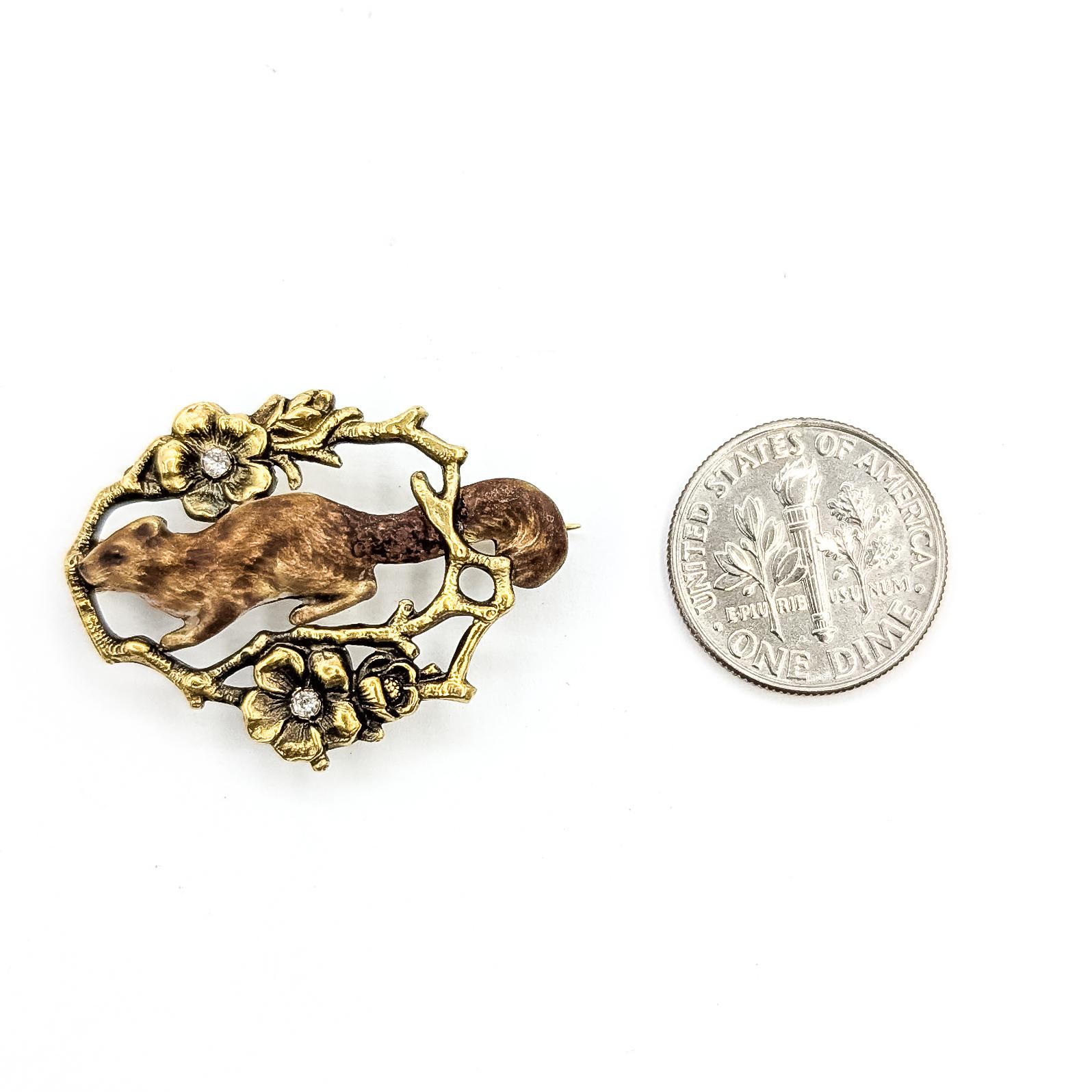 Vintage Emaille Eichhörnchen Brosche mit alten Mine Cut Diamanten in 10k Gelbgold im Angebot 1