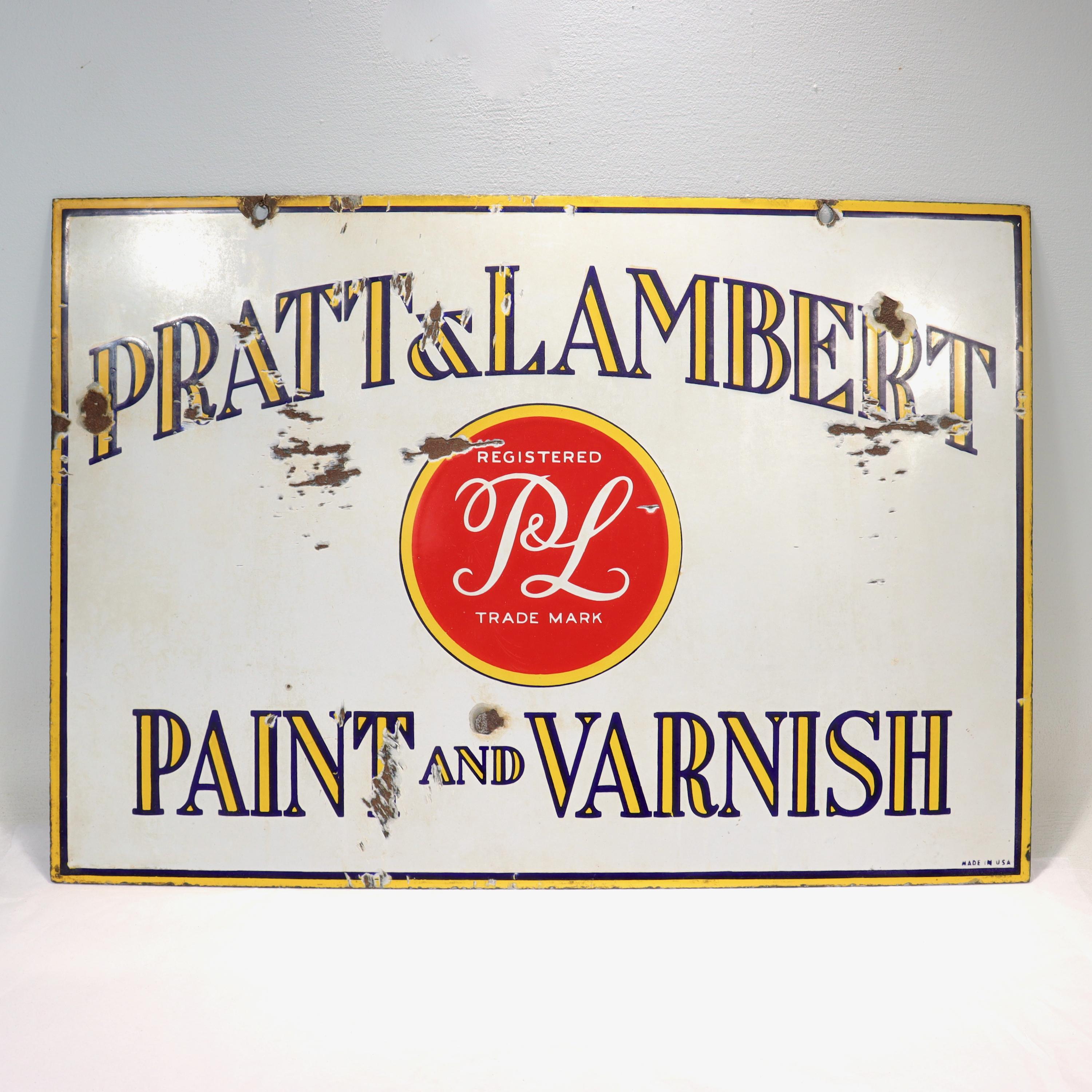 A fine vintage double-sided enamel advertising sign.

For the famed Pratt & Lambert paint company. 

With yellow & red decoration on a white ground.

The text reads: 'PRATT & LAMBERT PAINT AND VARNISH'

Simply a great vintage sign!
