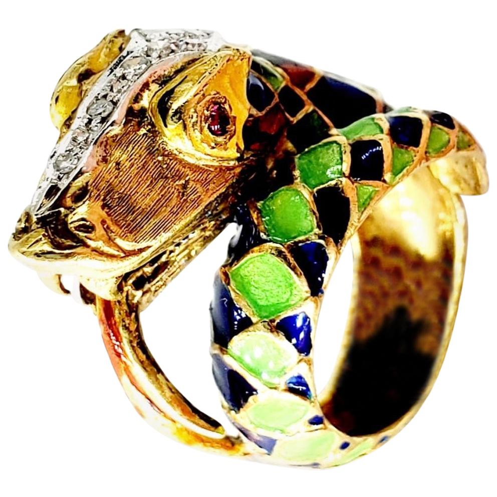 Vintage Enameled Diamond Snake Ring 18 Karat Gold For Sale