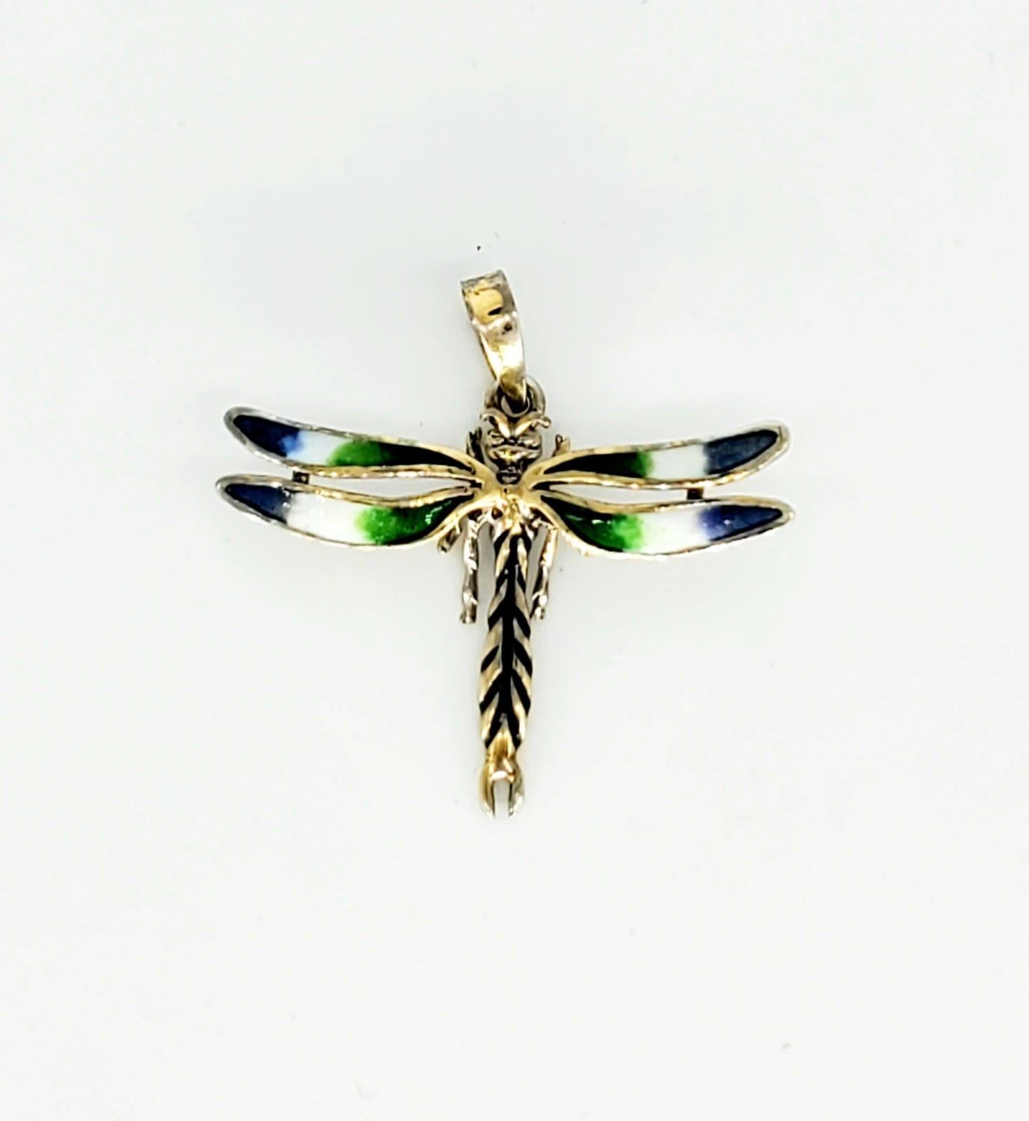 Vintage Enameled Dragonfly Pendant 14k Gold. The pendant measures 1.24”x1.10” and weights 2.6 grams.