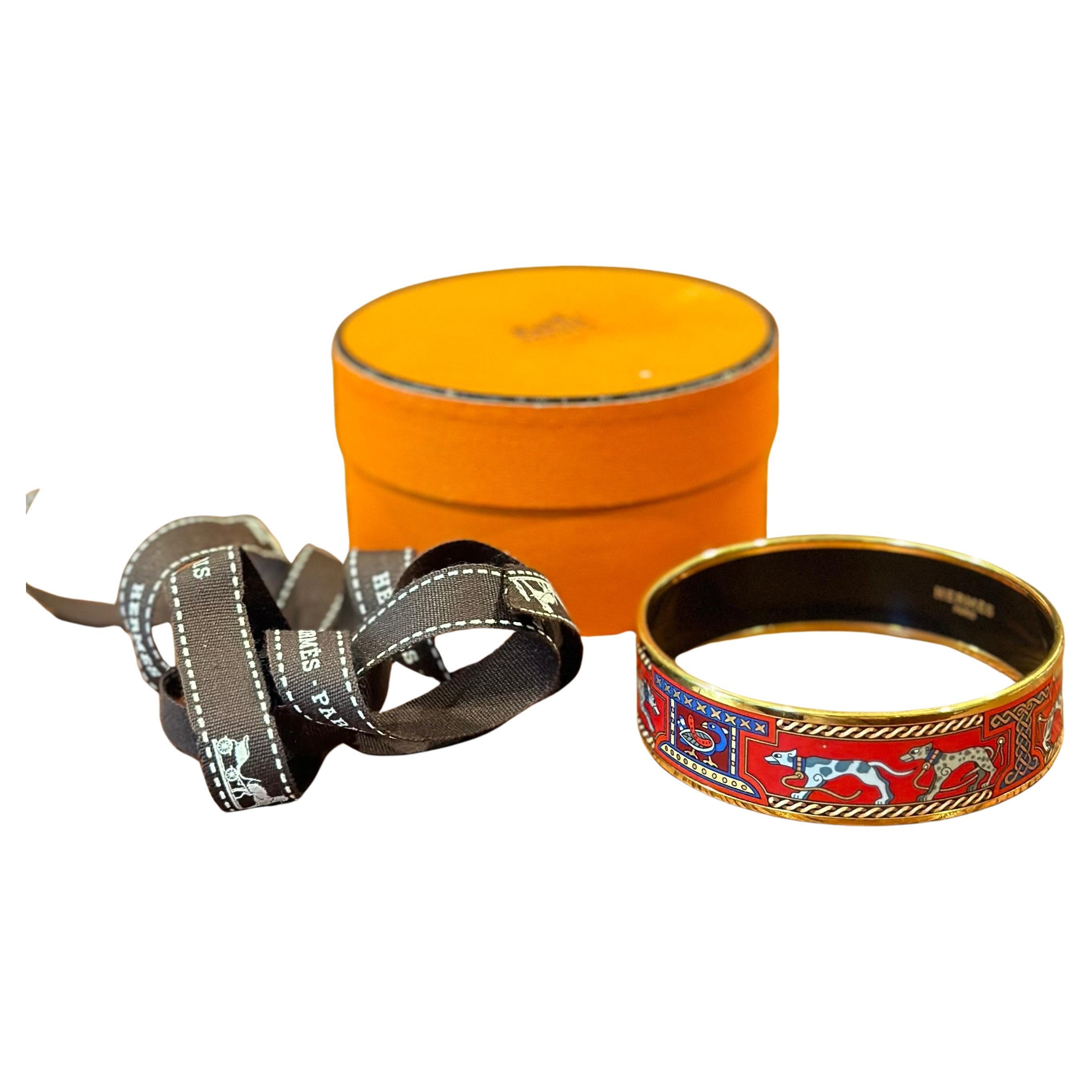 Vintage Enameled Greyhound Bangle Bracelet with Box by Hermès 70mm For Sale 3