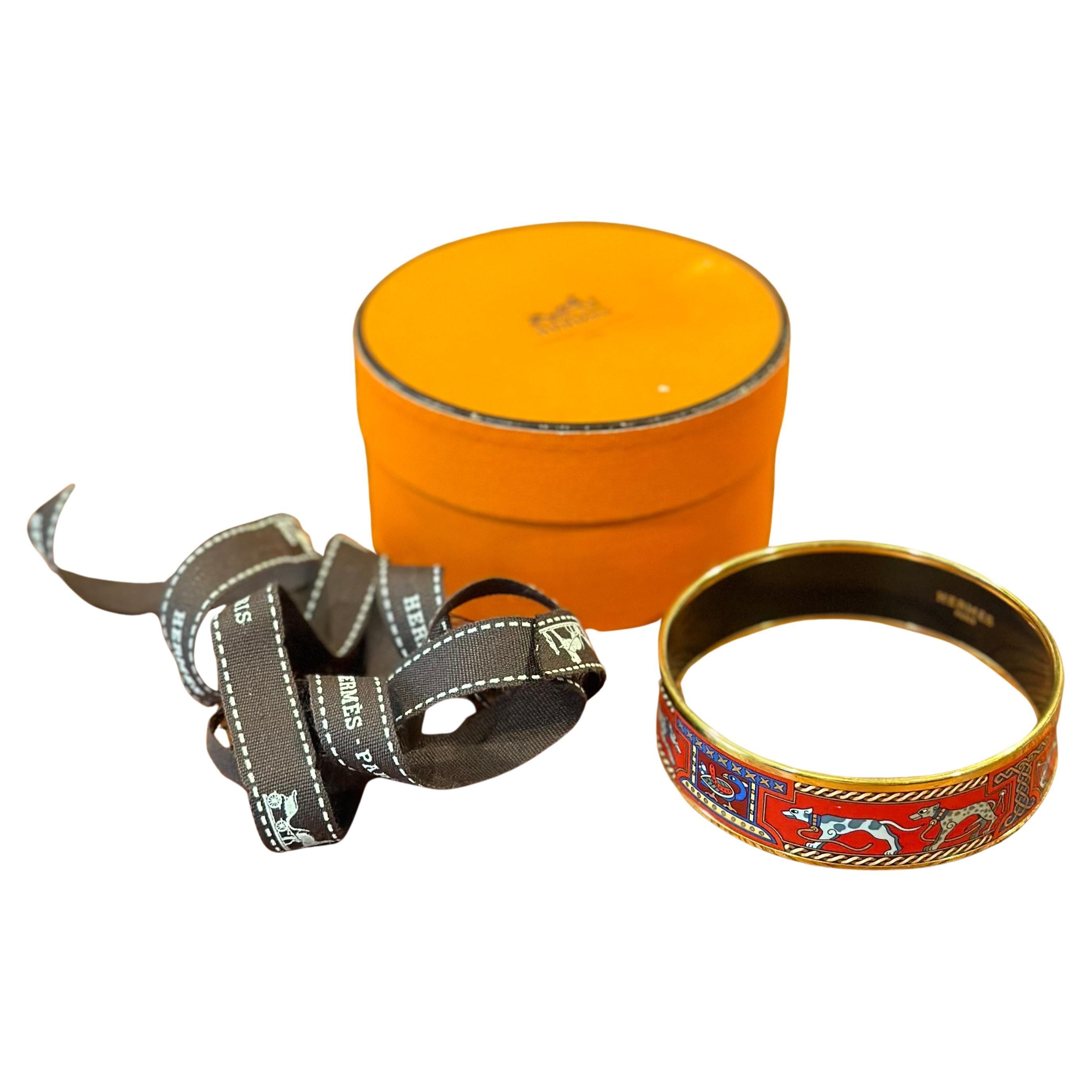 Vintage Enameled Greyhound Bangle Bracelet with Box by Hermès 70mm For Sale