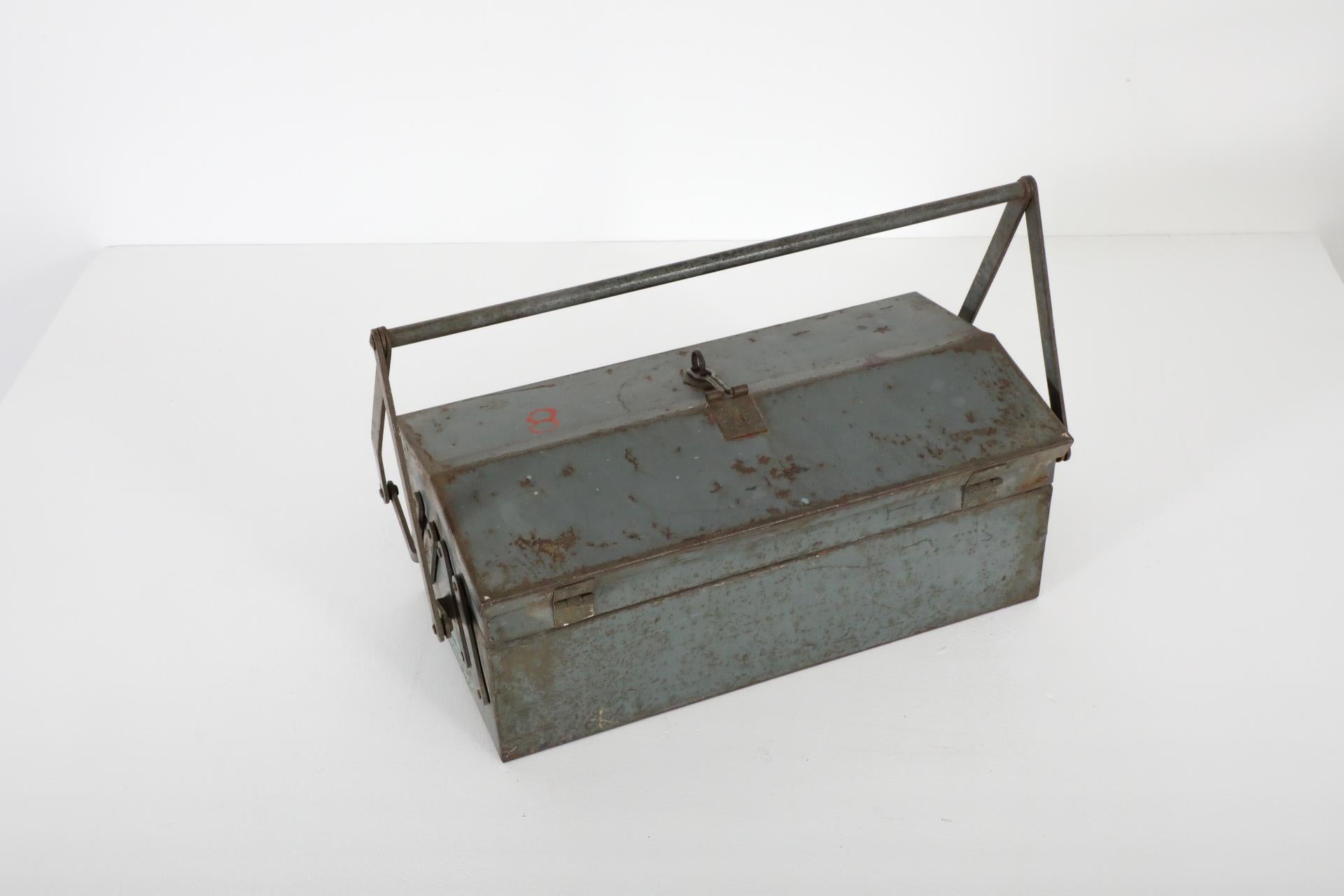 Vintage Enameled Light Blue Tool or Tackle Box with Handle and Stacking Trays For Sale 6