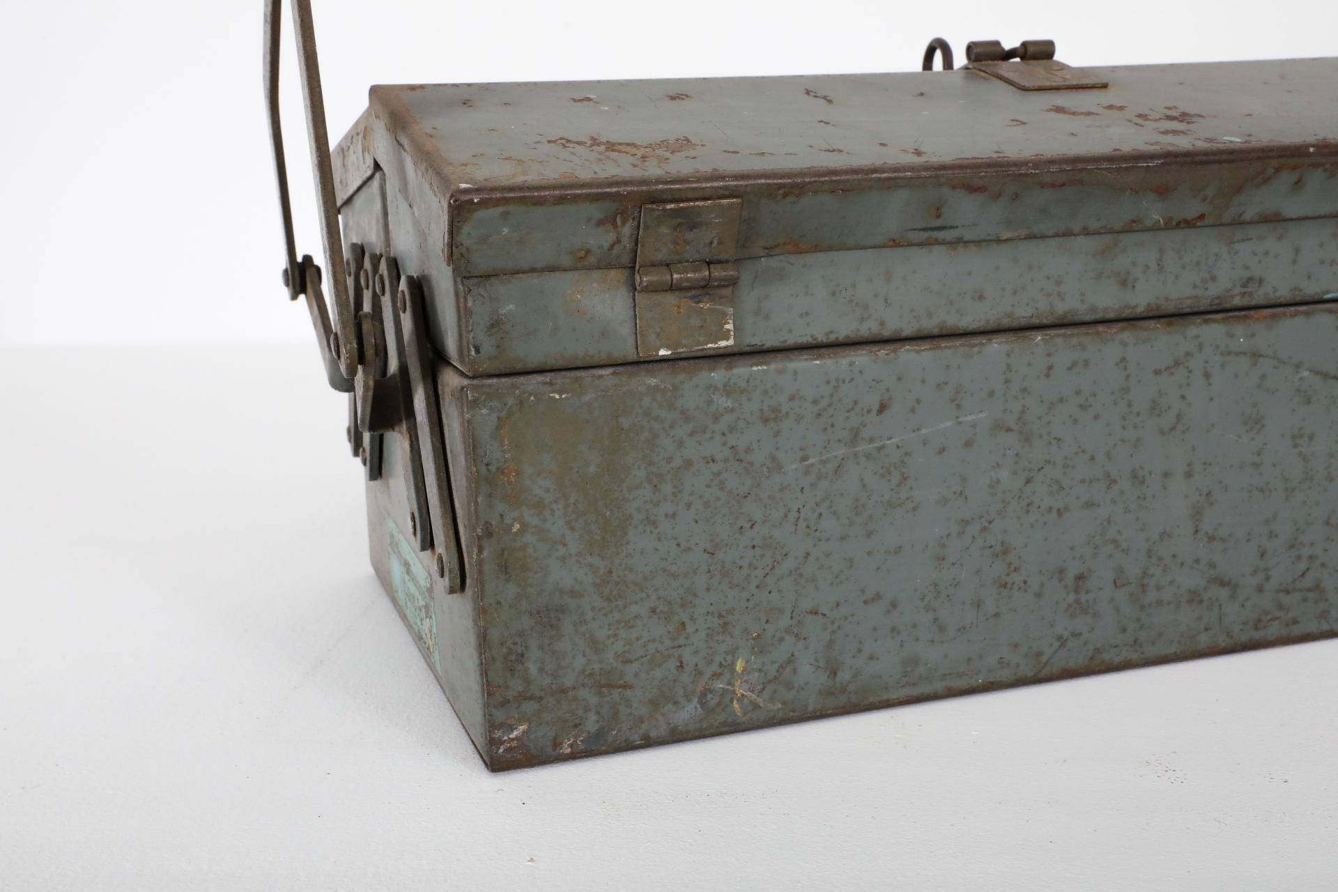 Vintage Enameled Light Blue Tool or Tackle Box with Handle and Stacking Trays For Sale 7