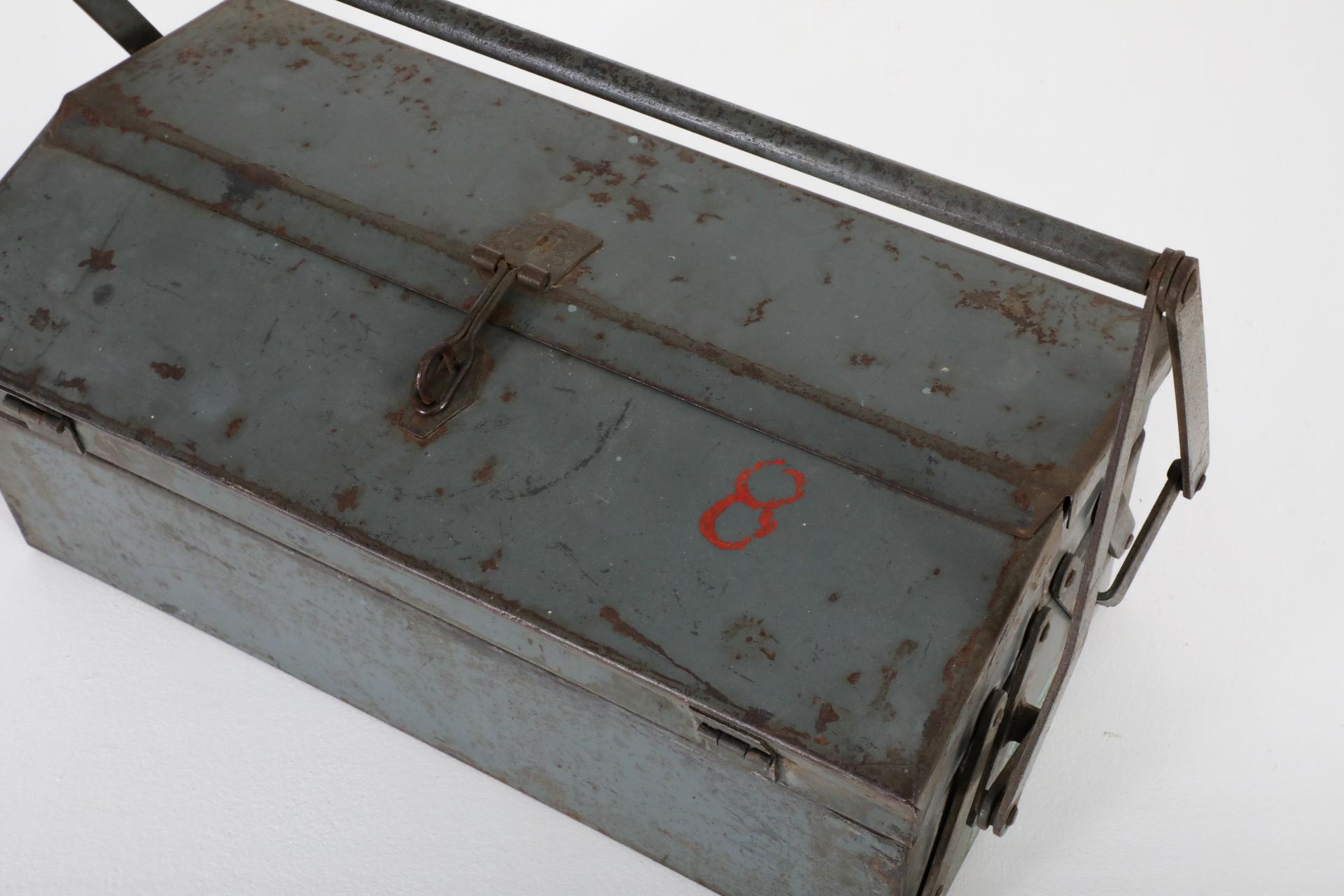 Vintage Enameled Light Blue Tool or Tackle Box with Handle and Stacking Trays For Sale 8