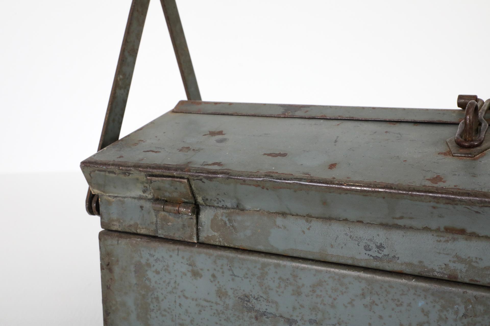 Vintage Enameled Light Blue Tool or Tackle Box with Handle and Stacking Trays For Sale 11