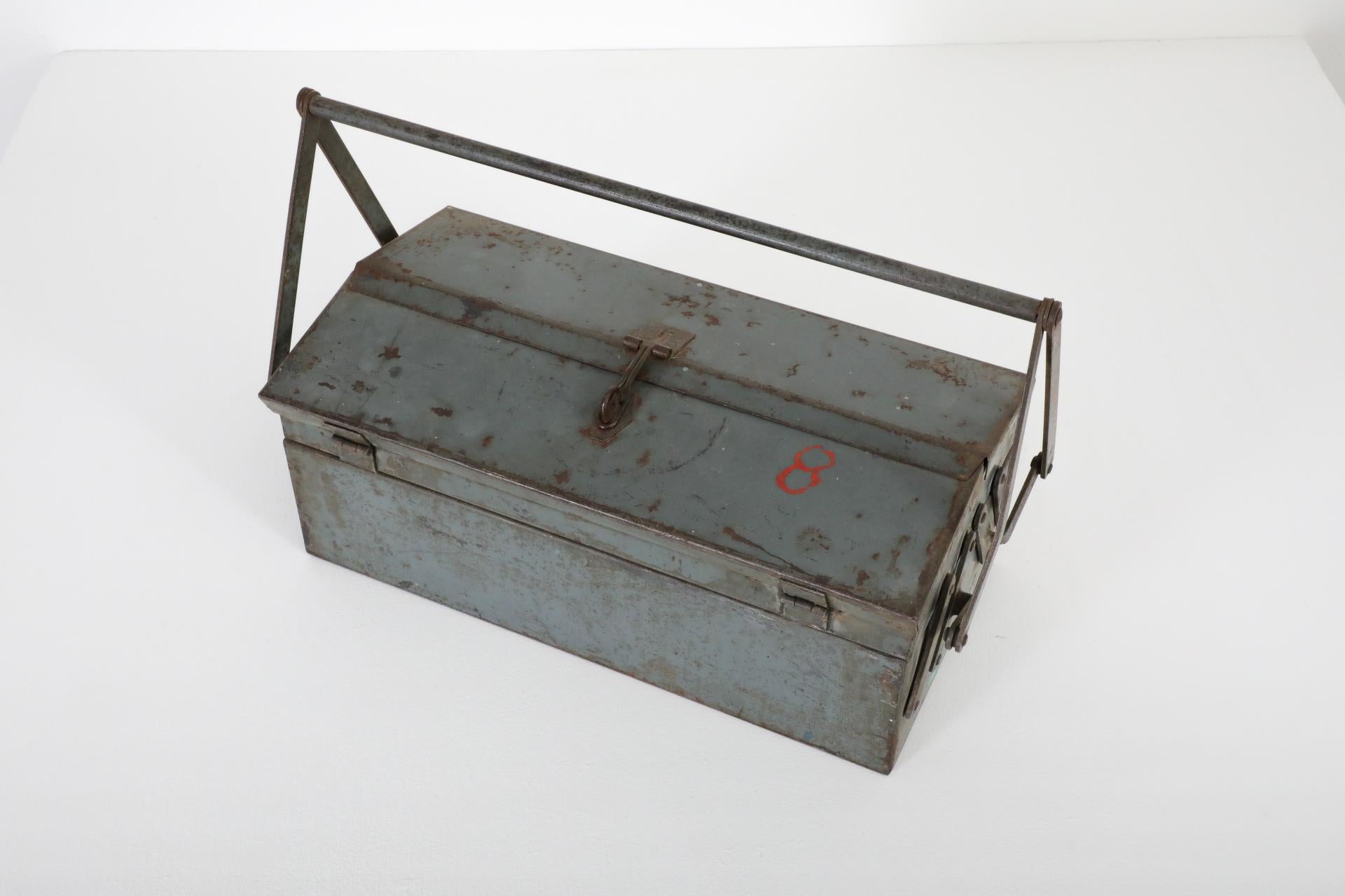 Vintage Enameled Light Blue Tool or Tackle Box with Handle and Stacking Trays For Sale 12