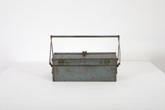 Vintage Enameled Light Blue Tool or Tackle Box with Handle and Stacking Trays