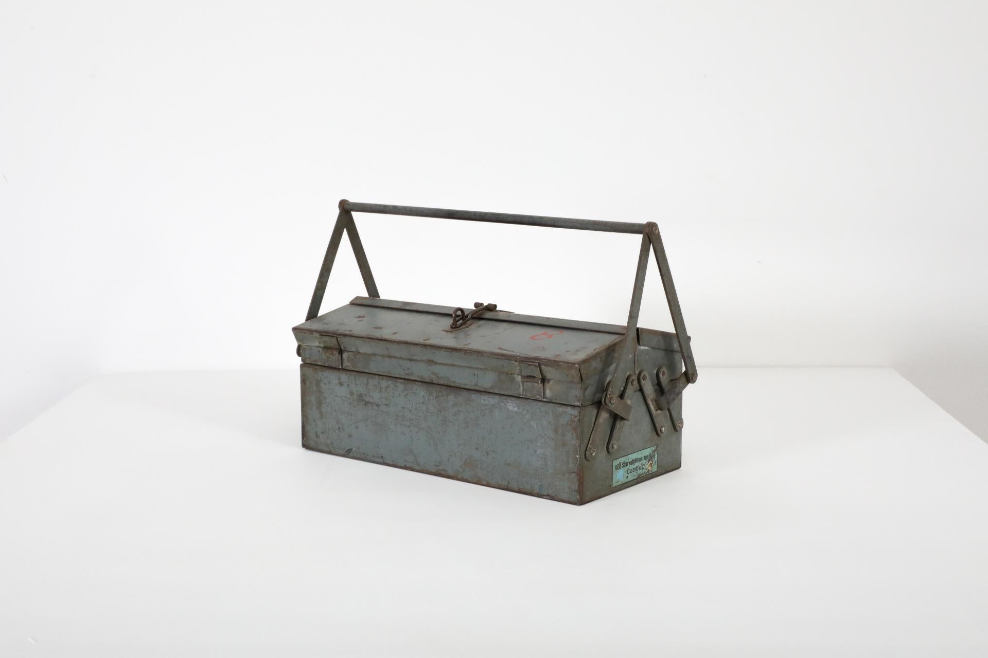 Industrial Vintage Enameled Light Blue Tool or Tackle Box with Handle and Stacking Trays For Sale