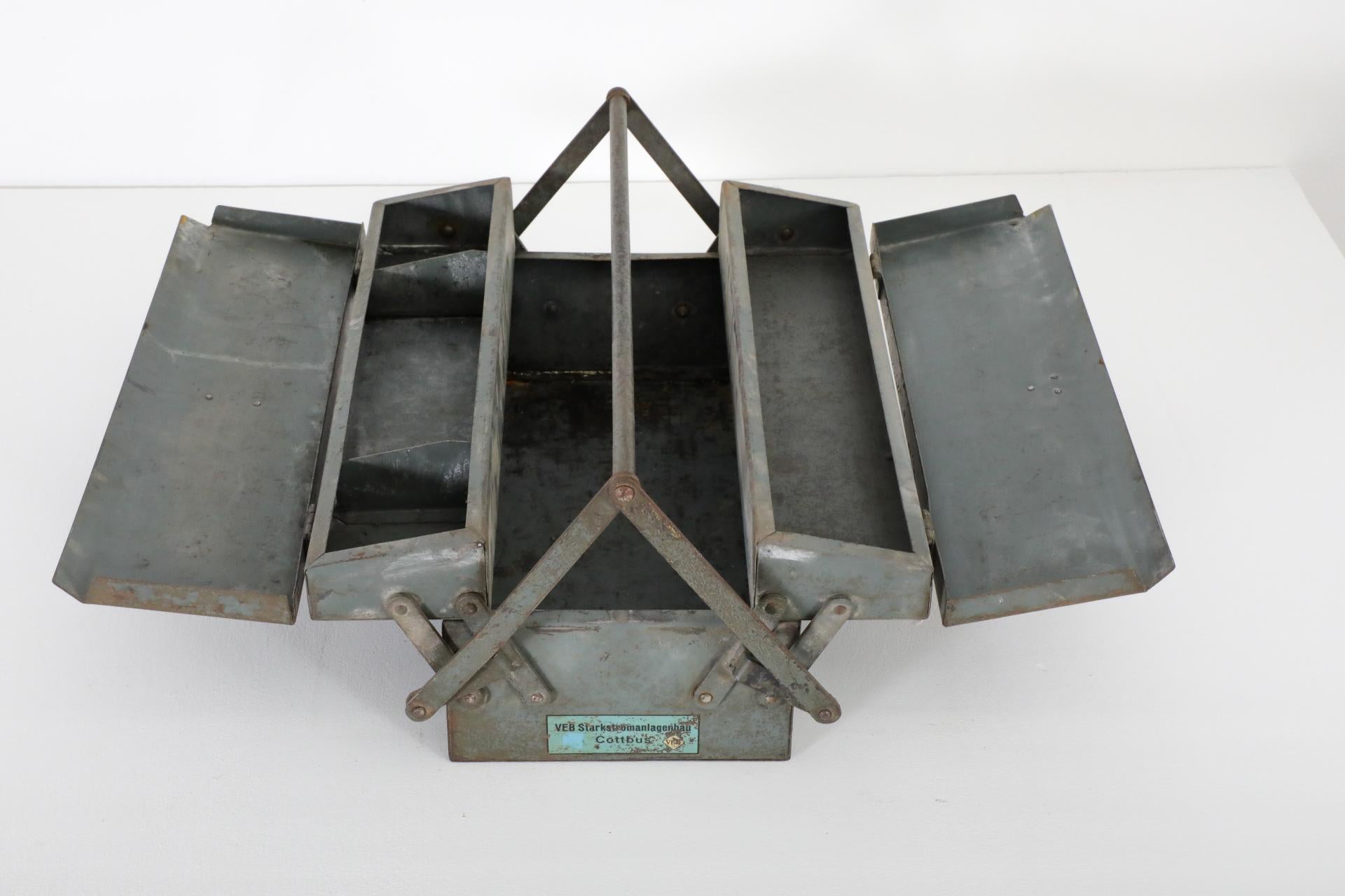 Metal Vintage Enameled Light Blue Tool or Tackle Box with Handle and Stacking Trays For Sale
