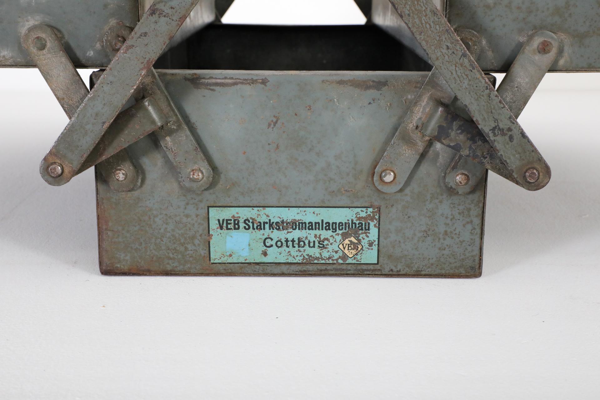 Vintage Enameled Light Blue Tool or Tackle Box with Handle and Stacking Trays For Sale 1