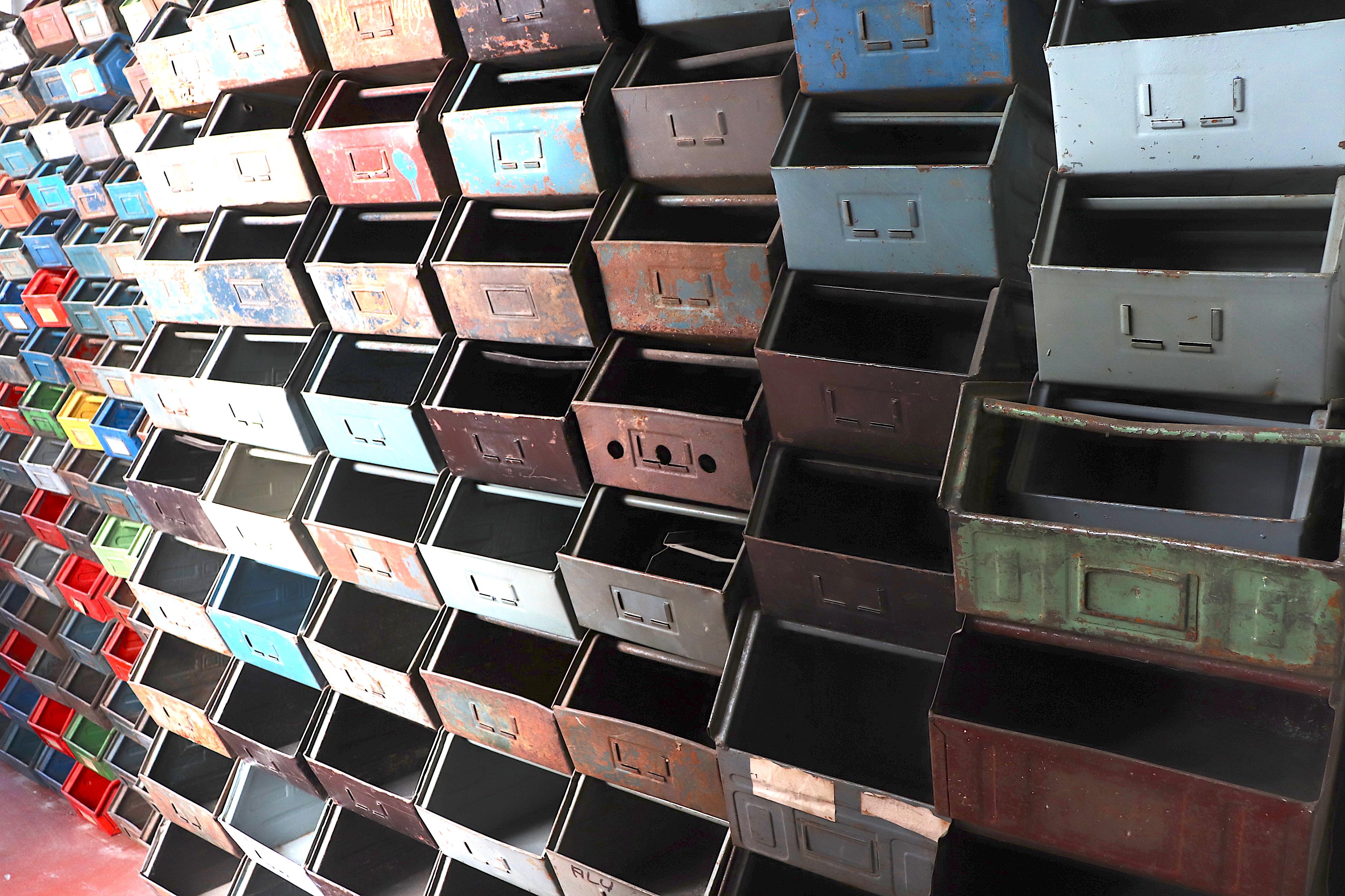 Vintage Enameled Metal Utility Bins 'small' In Distressed Condition In Los Angeles, CA