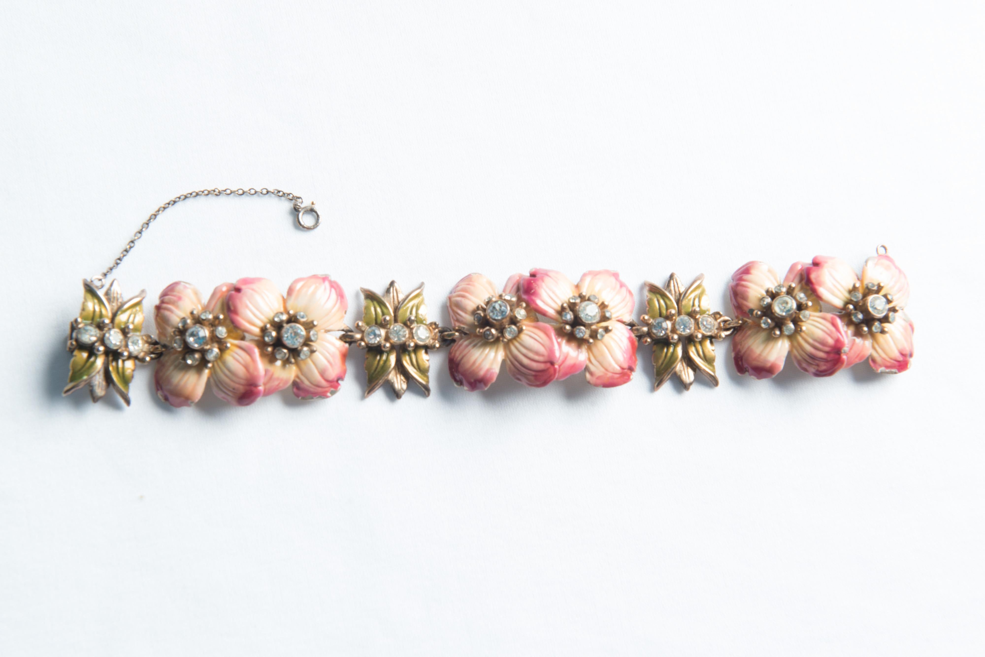 Vintage Enameled Pink Flower Bracelet For Sale 1